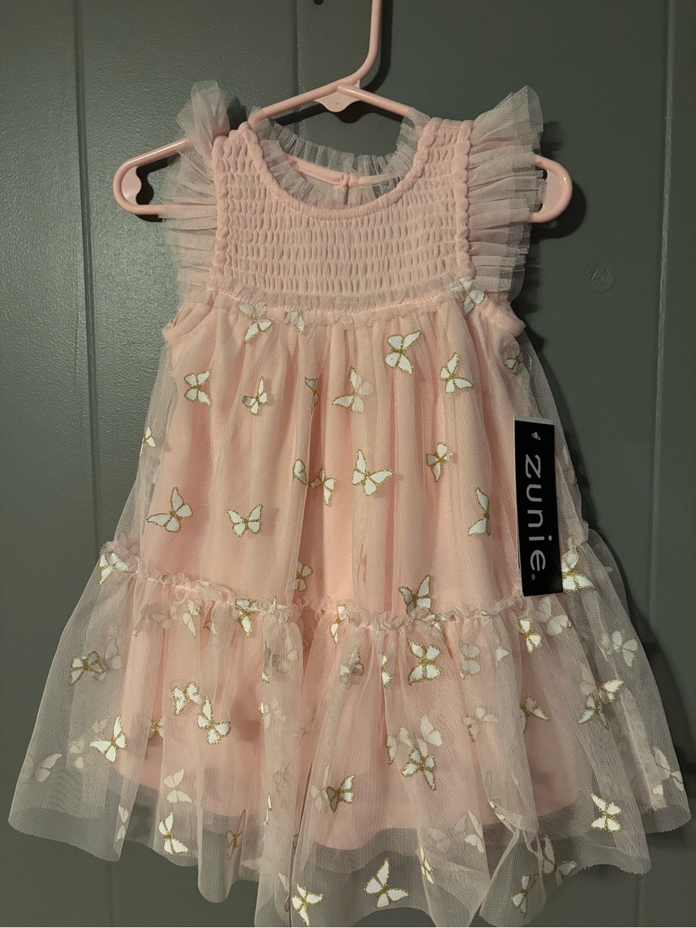 Zunie Light Pink Tulle Dress with Gold Butterfly Accents